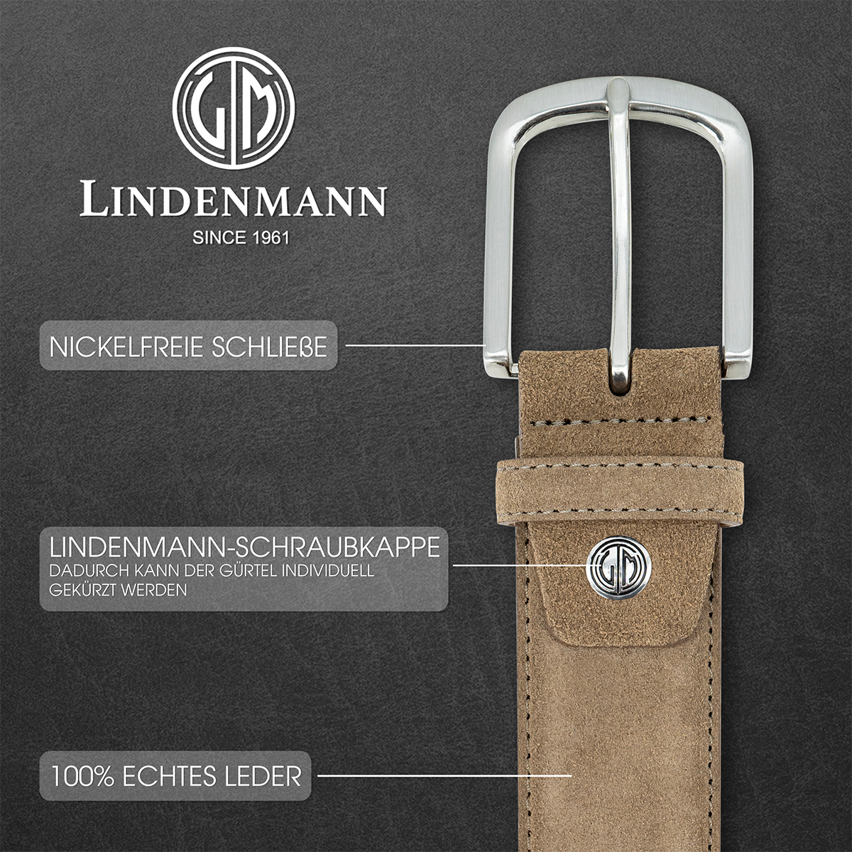 LINDENMANN Veloursleder Herrengürtel Camel-Braun