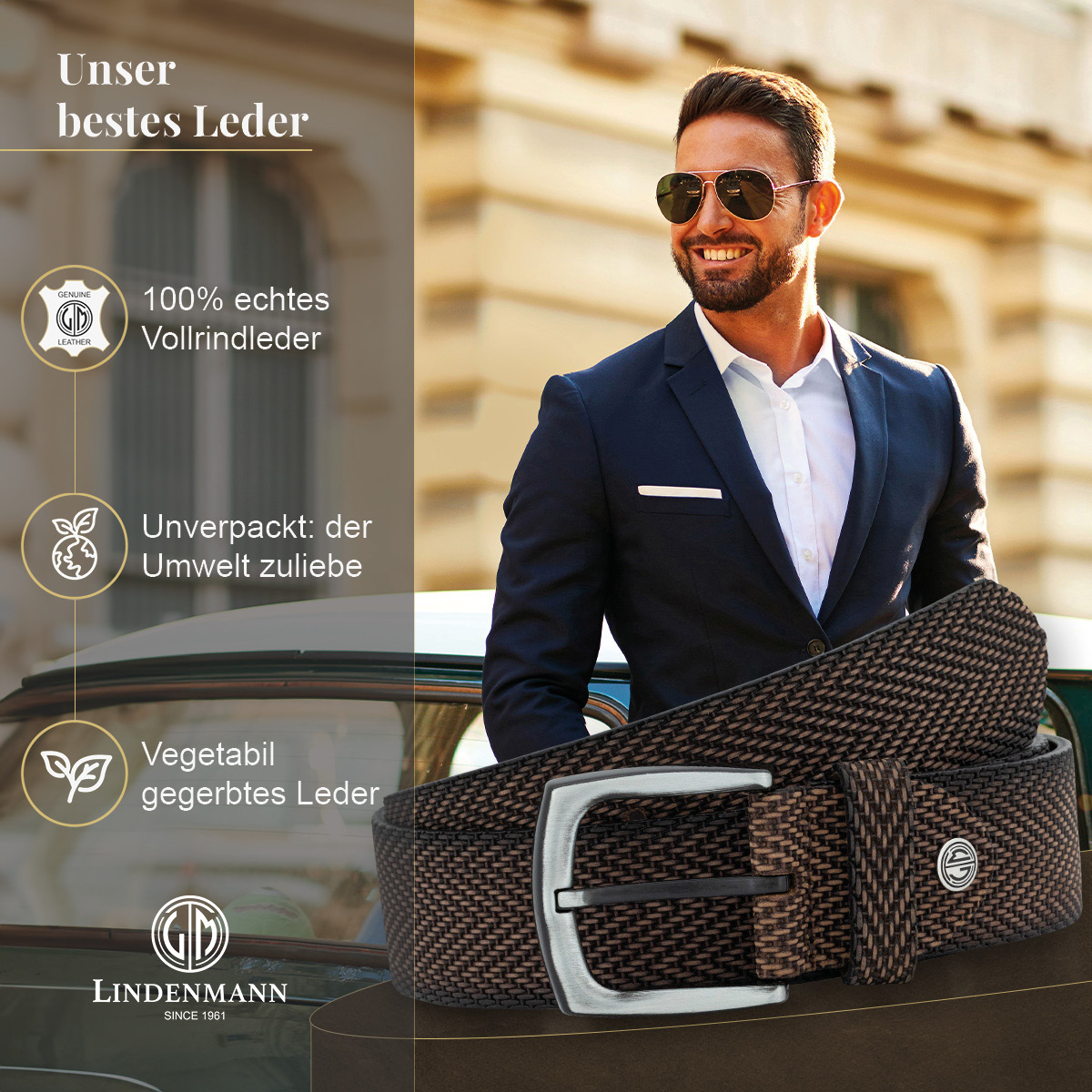 LINDENMANN Vollrindledergürtel Herren Nussbraun