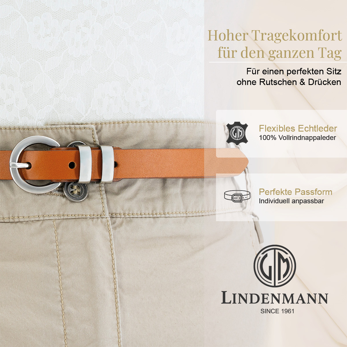 LINDENMANN Nappa Vollrindleder Damengürtel Cognac