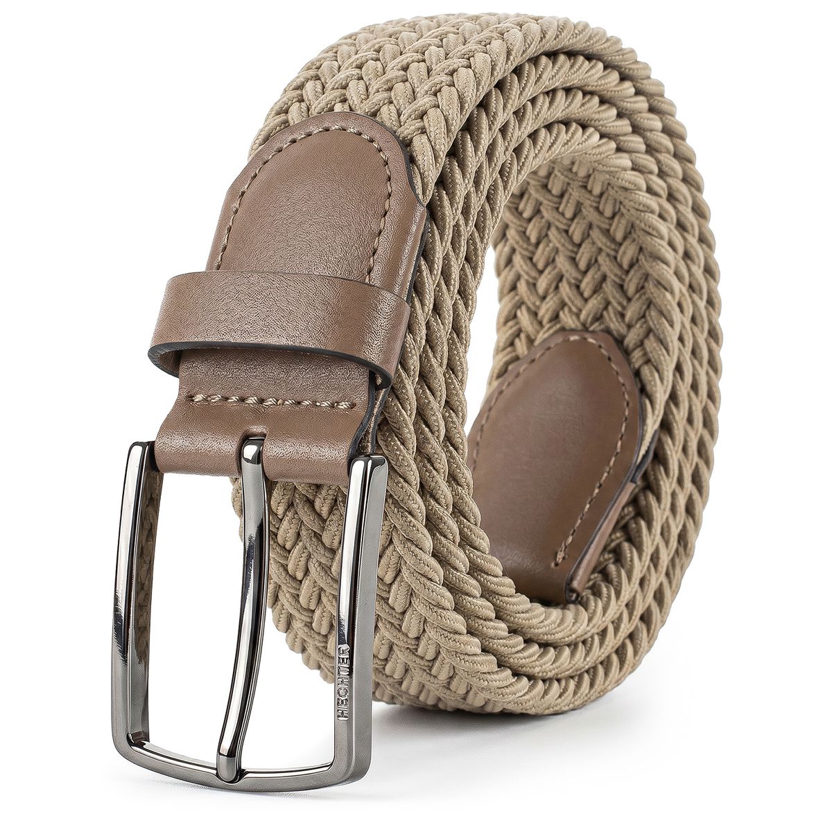 Gürtel, Kordel, Elastischer Gürtel, Geflochtener Gürtel, Braun, HECHTER Paris Herren Textil-Flechtgürtel mit 100% Echtlederenden taupe