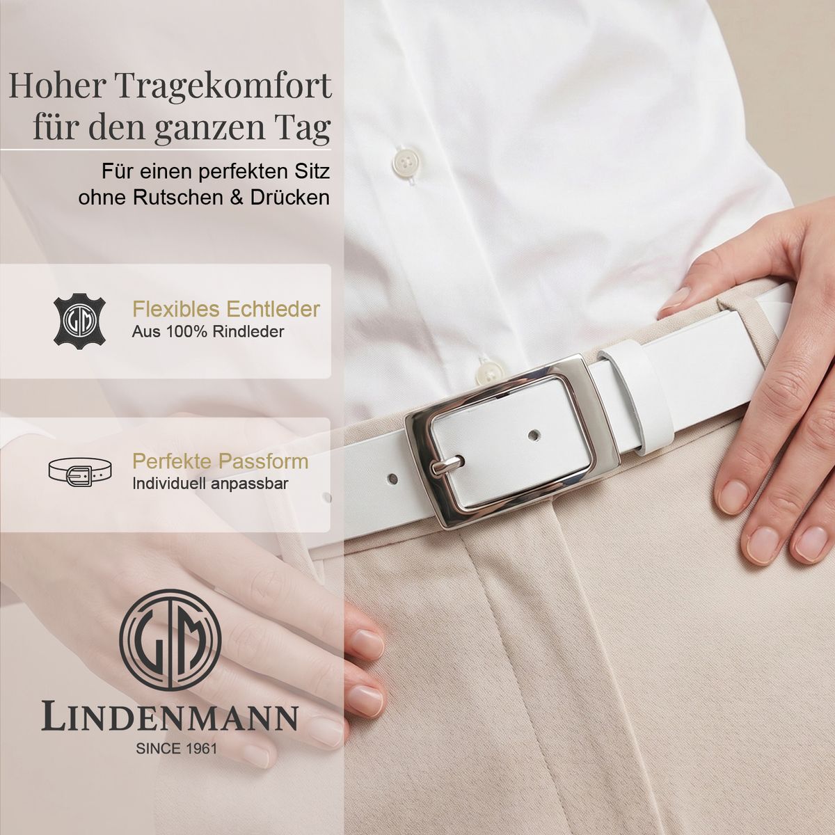 LINDENMANN Klassischer Damengürtel aus 100% Echtleder weiß