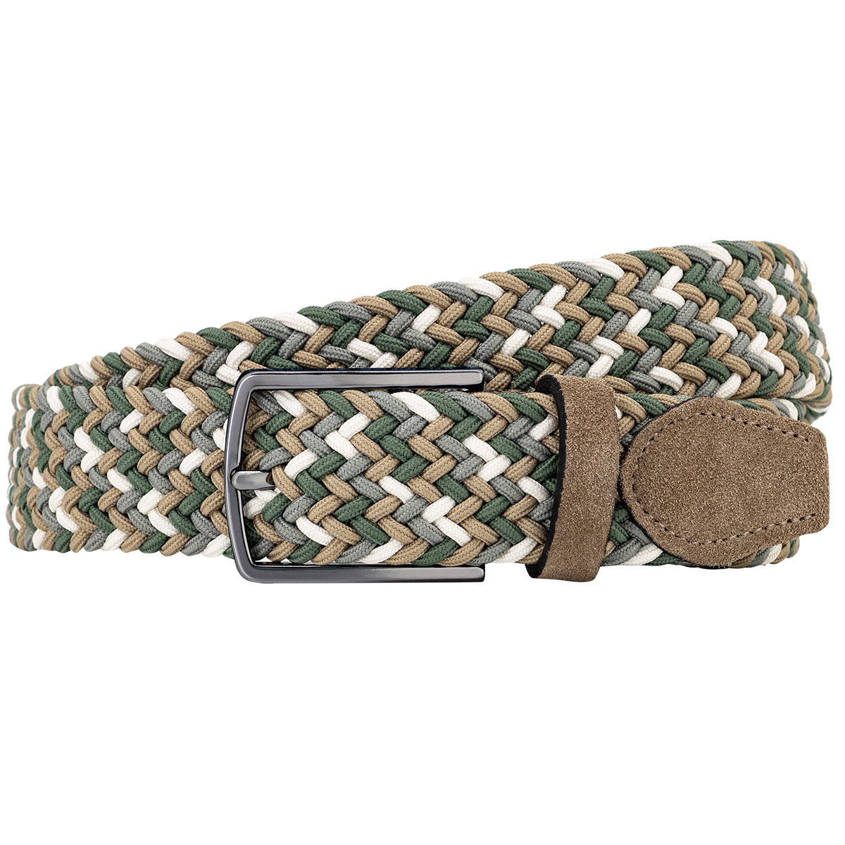 Gürtel, Stoffgürtel, Mehrfarben, Geflochten, Kunstleder, LINDENMANN Herren Flechtgürtel mit Echtleder an den Enden mehrfarbig: taupe, olivgrün, weiß