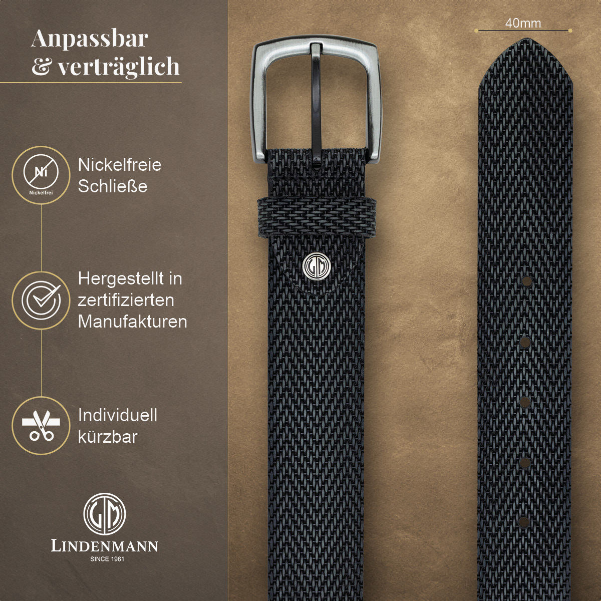 LINDENMANN Vollrindledergürtel Herren Anthrazit