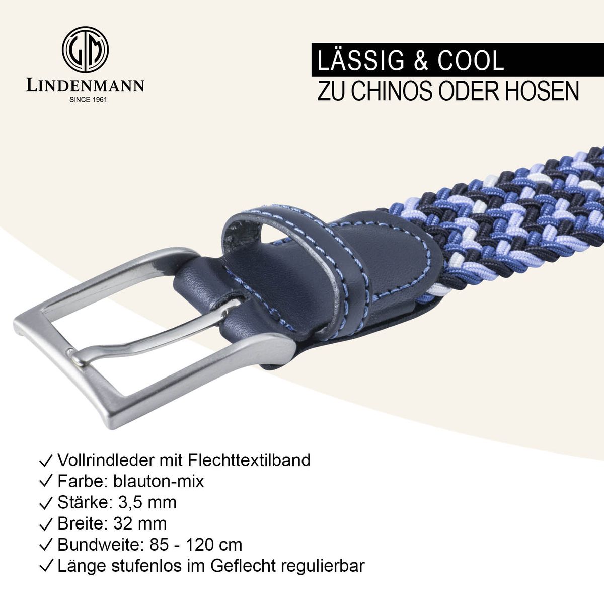 LINDENMANN Textil-Flechtgürtel Herren 35 mm Textilgürtel blau