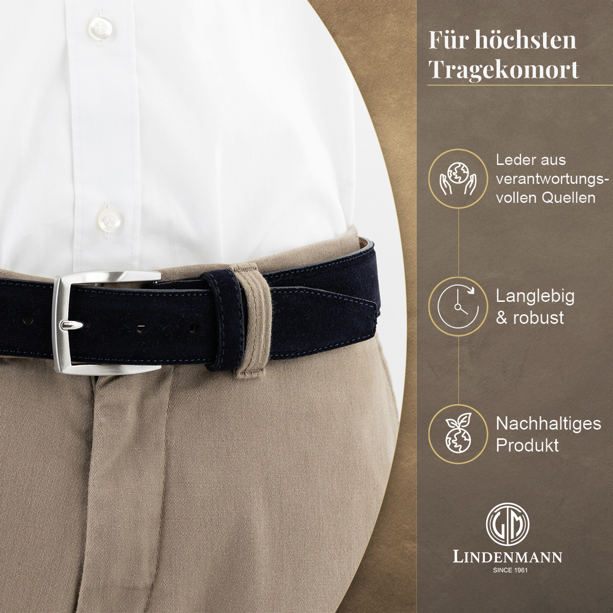 LINDENMANN Herrengürtel aus 100% Velours-Vollrindleder marine