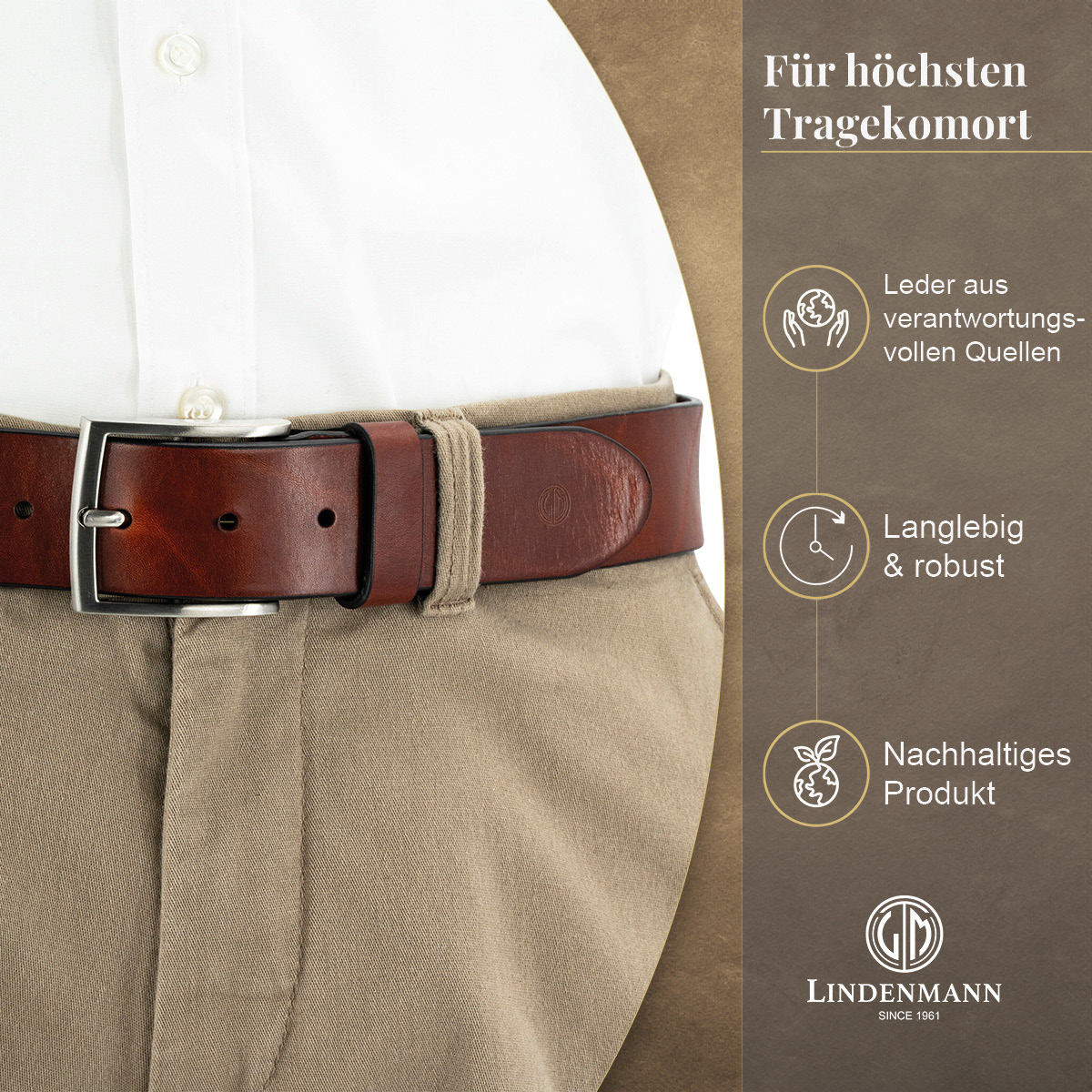 LINDENMANN Vollrindleder Herrengürtel Cognac