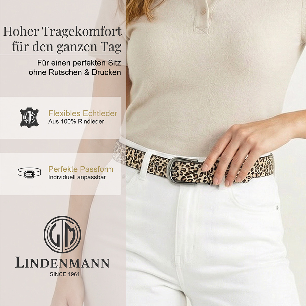 LINDENMANN Veloursleder Damengürtel Creme-Beige mit Leopardprägung