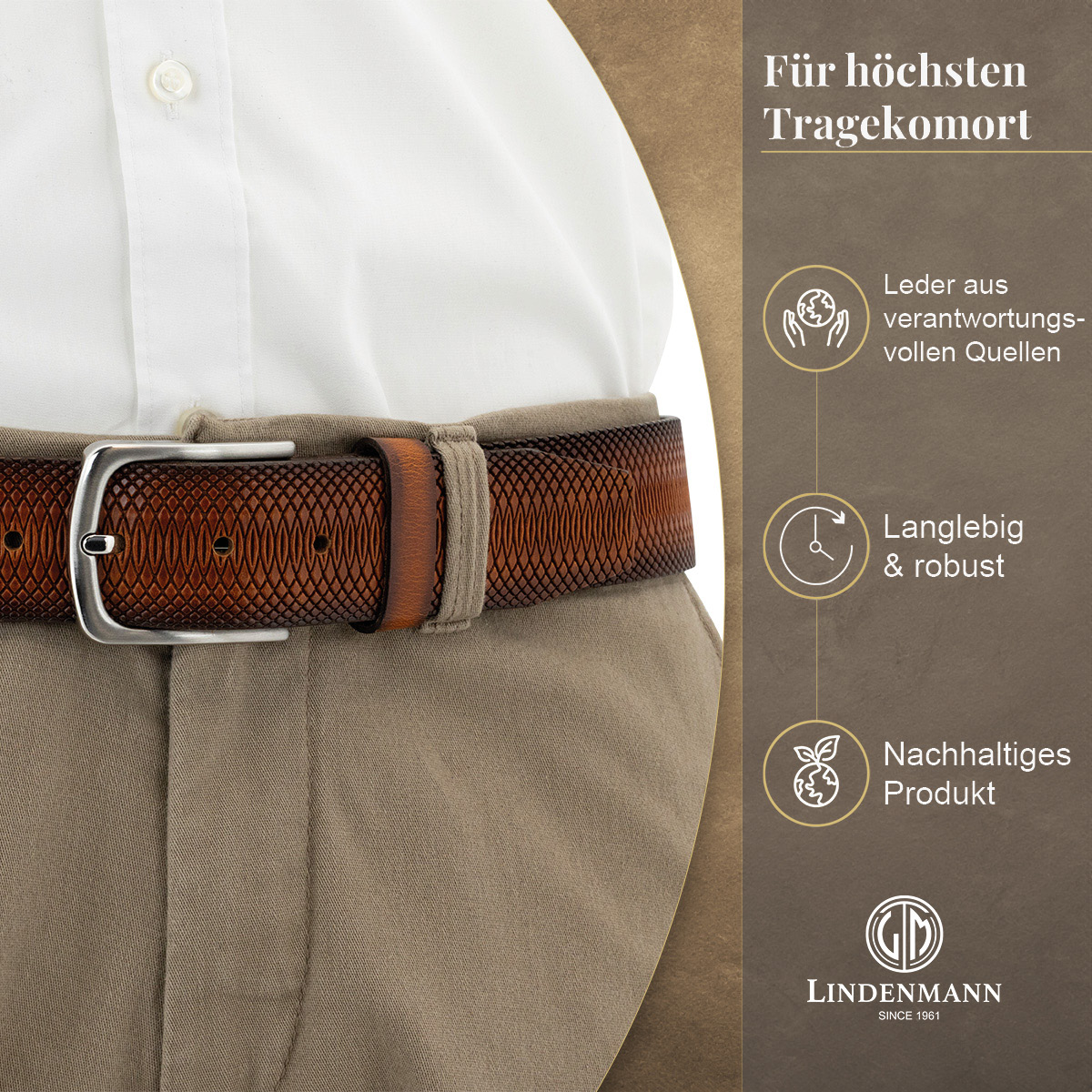 LINDENMANN Vollrindledergürtel Herren Cognac