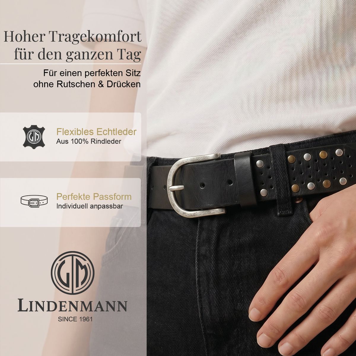 LINDENMANN Klassischer Damengürtel aus 100% Echtleder mit Nieten-Design anthrazit