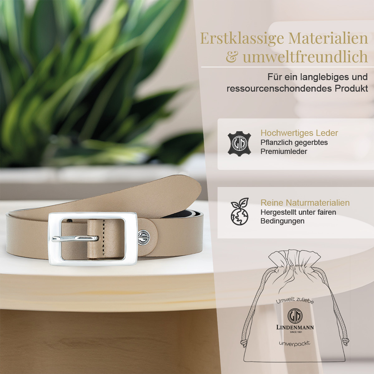 Gürtel, Leder, Beige, Metallschnalle, Gürtelverpackung, LINDENMANN Rindledergürtel Damen Taupe