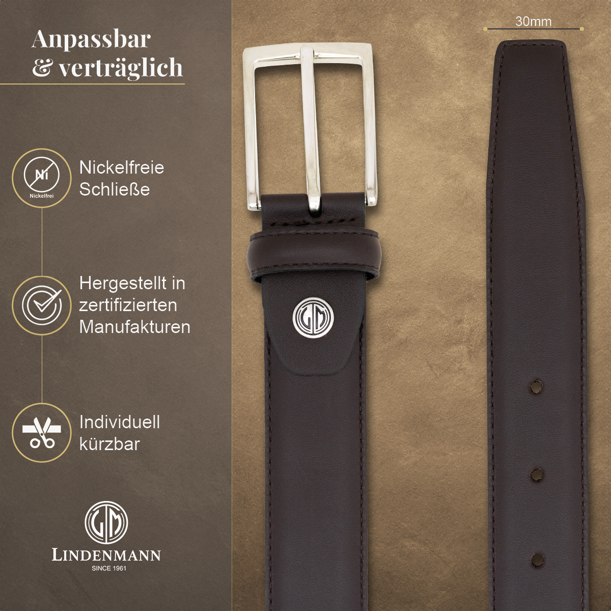 LINDENMANN Herrengürtel aus 100% Vollrindleder dunkelbraun