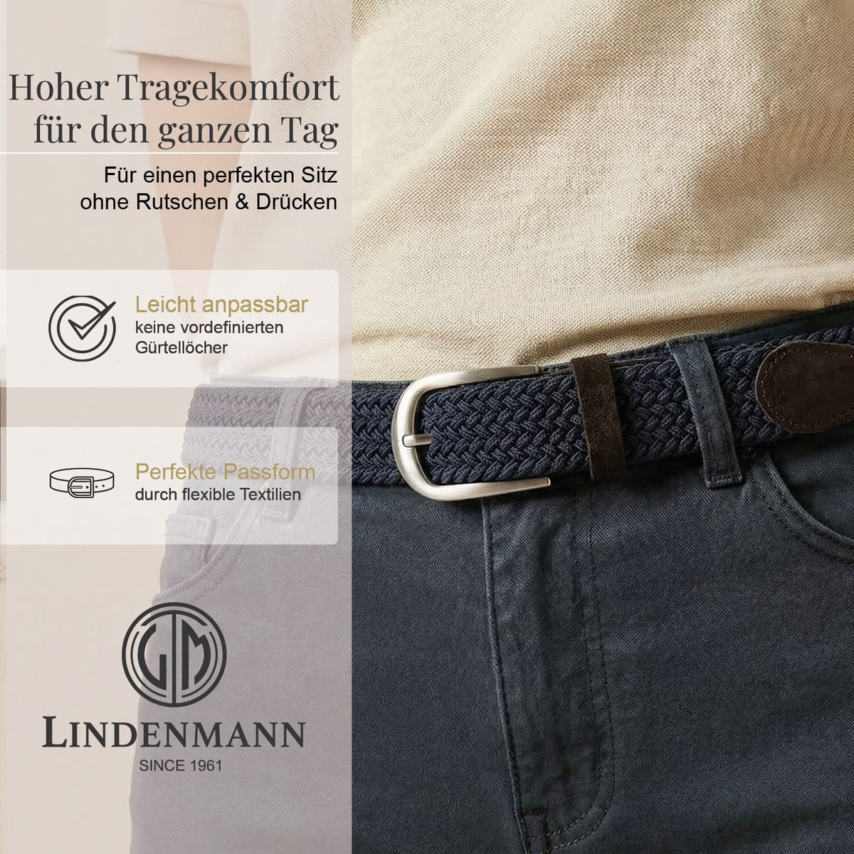 LINDENMANN Damen Stretchgürtel mit 100% Echtlederenden marine