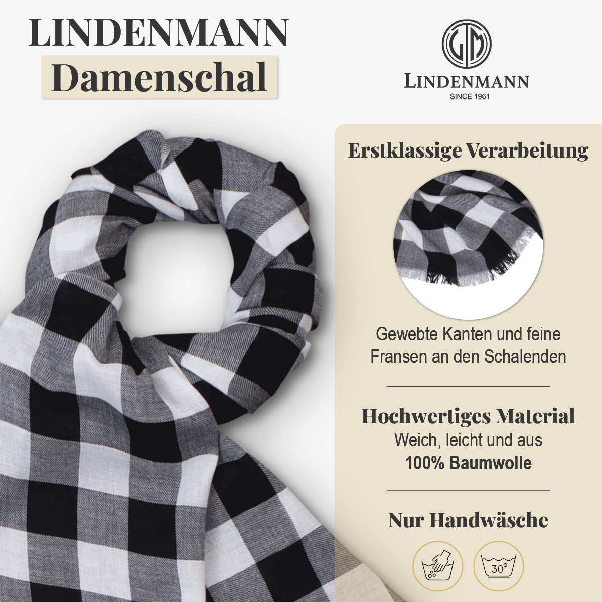 LINDENMANN Schal Damen schwarz weiss kariert