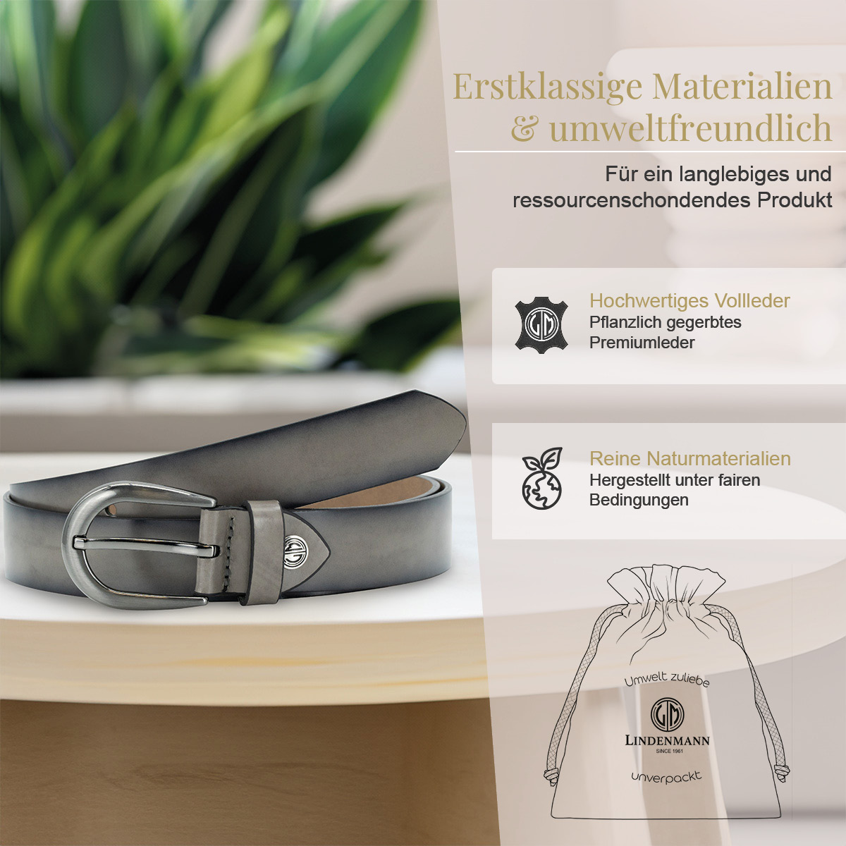 LINDENMANN Rindsleder Damengürtel Hellgrau