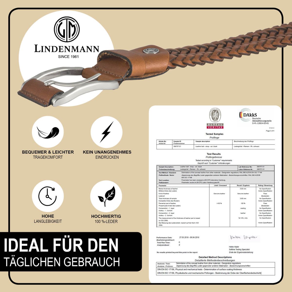 LINDENMANN Gürtel Herren geflochten 35 mm cognac