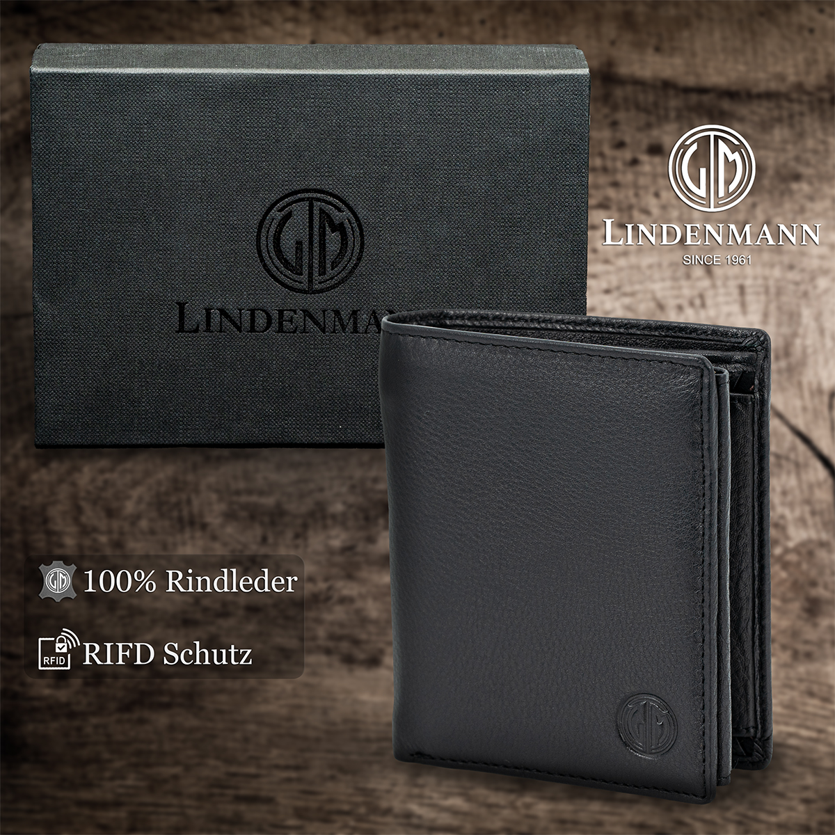 LINDENMANN Herren Leder Portemonnaie schwarz