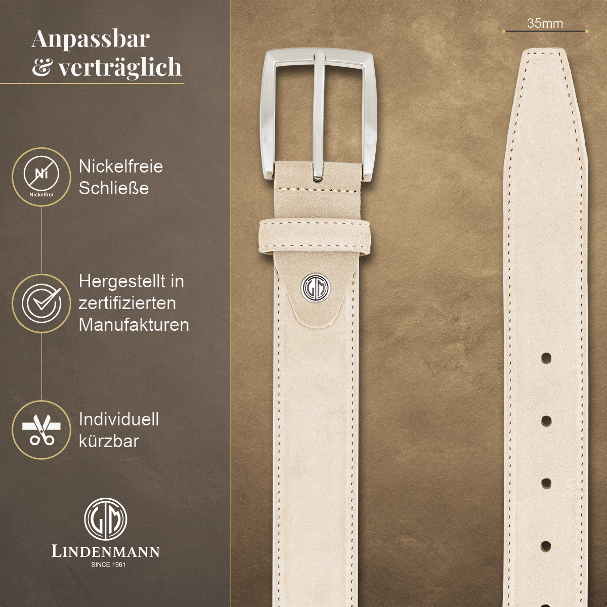 LINDENMANN Herrengürtel Veloursleder beige