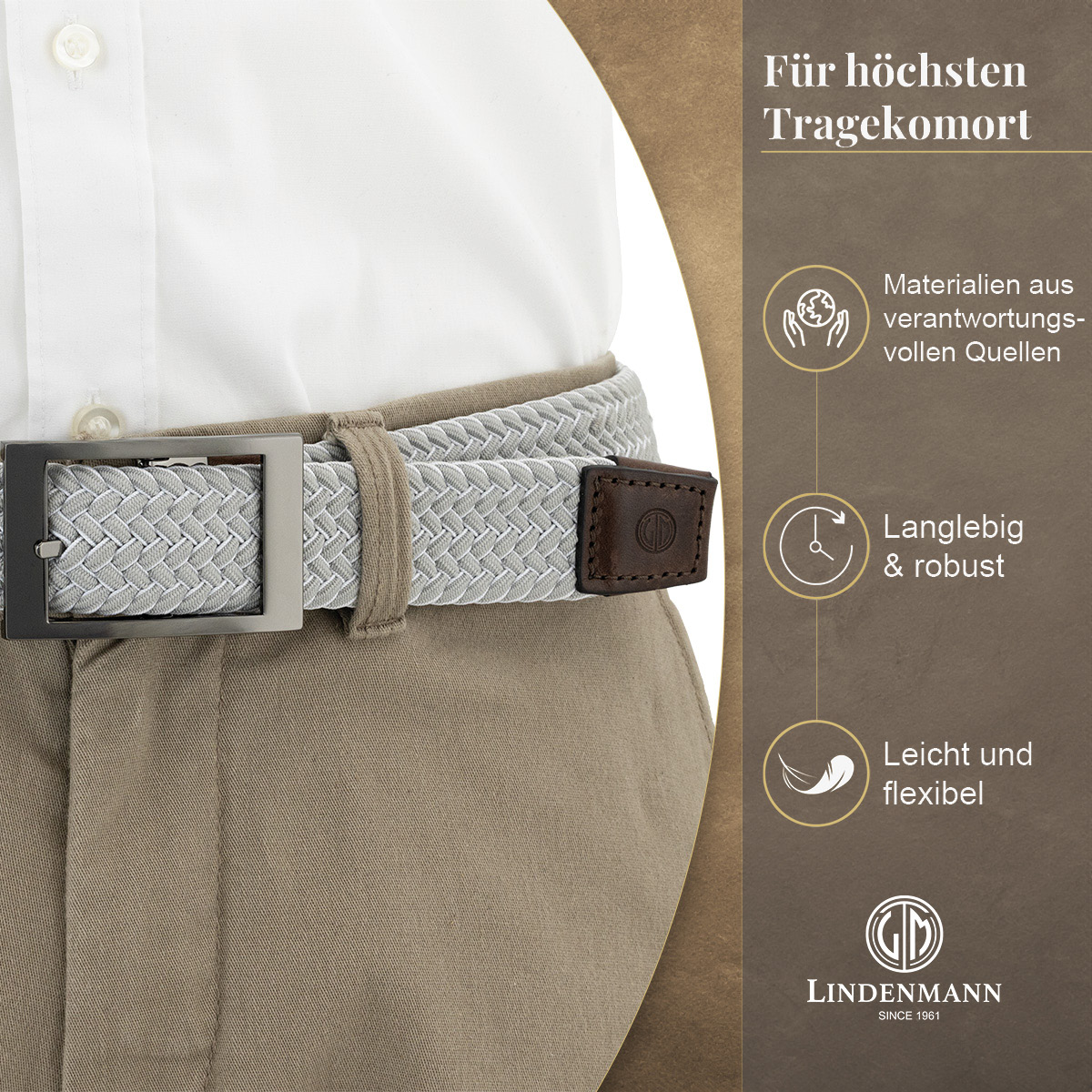 LINDENMANN Textilflechtgürtel Herrengürtel Hellgrau