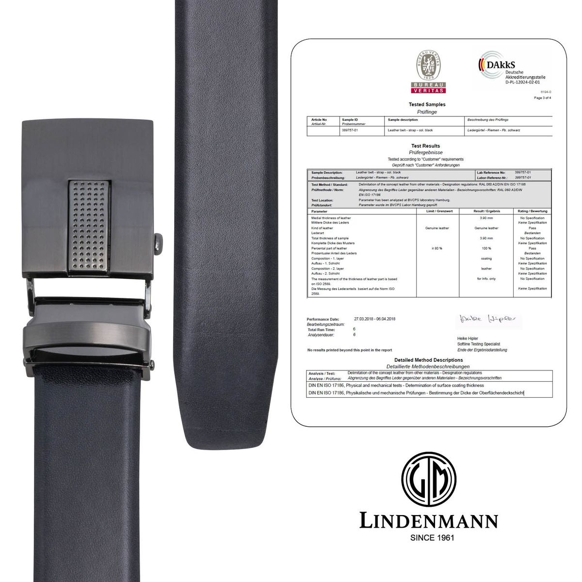 LINDENMANN Ledergürtel Herren, schwarz 33 mm Leder Automatikgürtel
