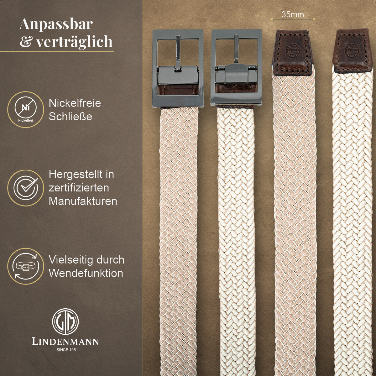 LINDENMANN Textilflechtgürtel Herrengürtel Creme-Beige
