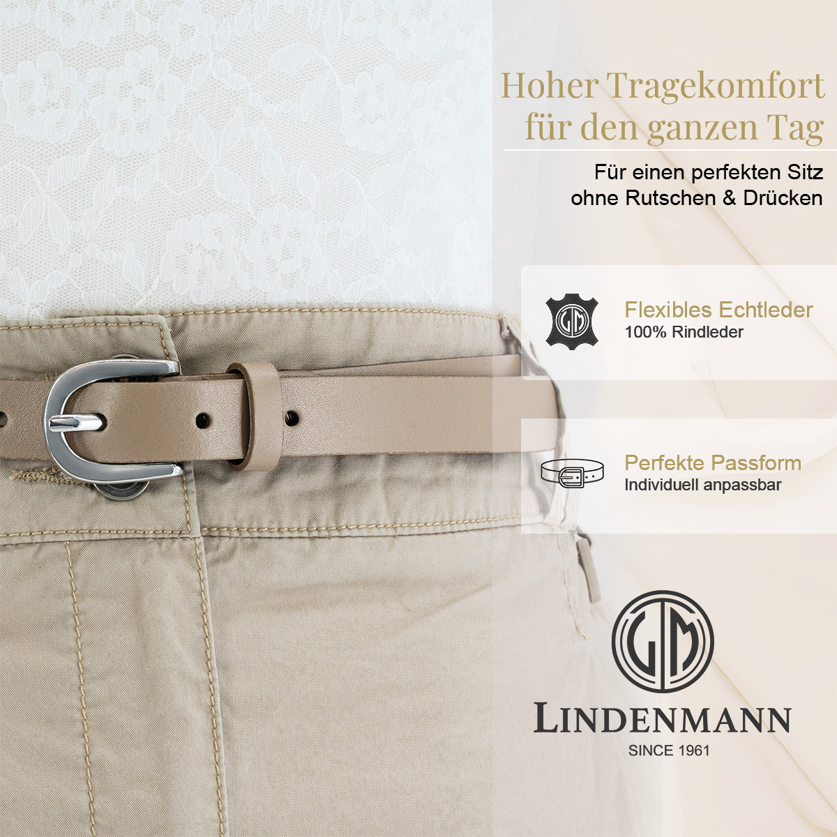 Gürtel, Leder, Beige, Taillengürtel, Breite Gürtel, LINDENMANN Rindleder Damengürtel Taupe