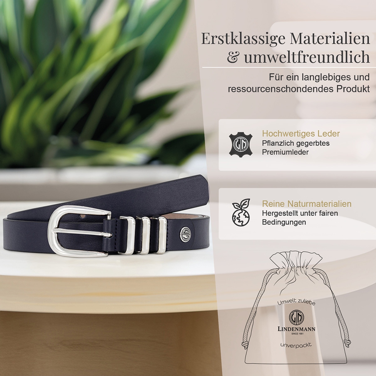 Gürtel, Ledergürtel, Dunkelblau, Metallische Schnalle, natürliche Materialien, LINDENMANN Damen Vollrindledergürtel aus 100% Echtleder marine