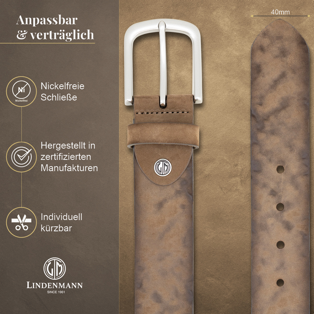 LINDENMANN Herrengürtel aus 100% Vollrindleder mittelbraun