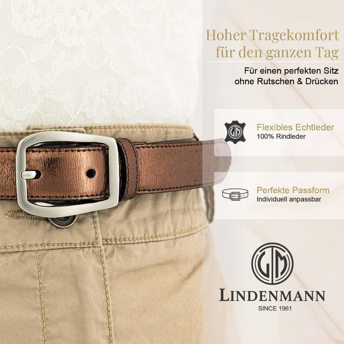LINDENMANN Rindleder Damengürtel Braun Metallic