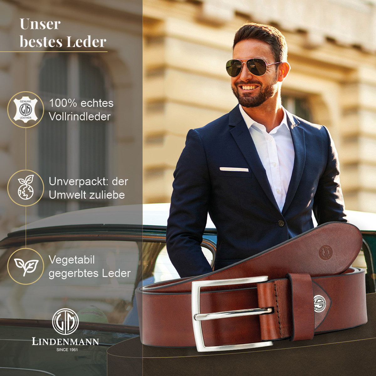 LINDENMANN Vollrindleder Herrengürtel Cognac