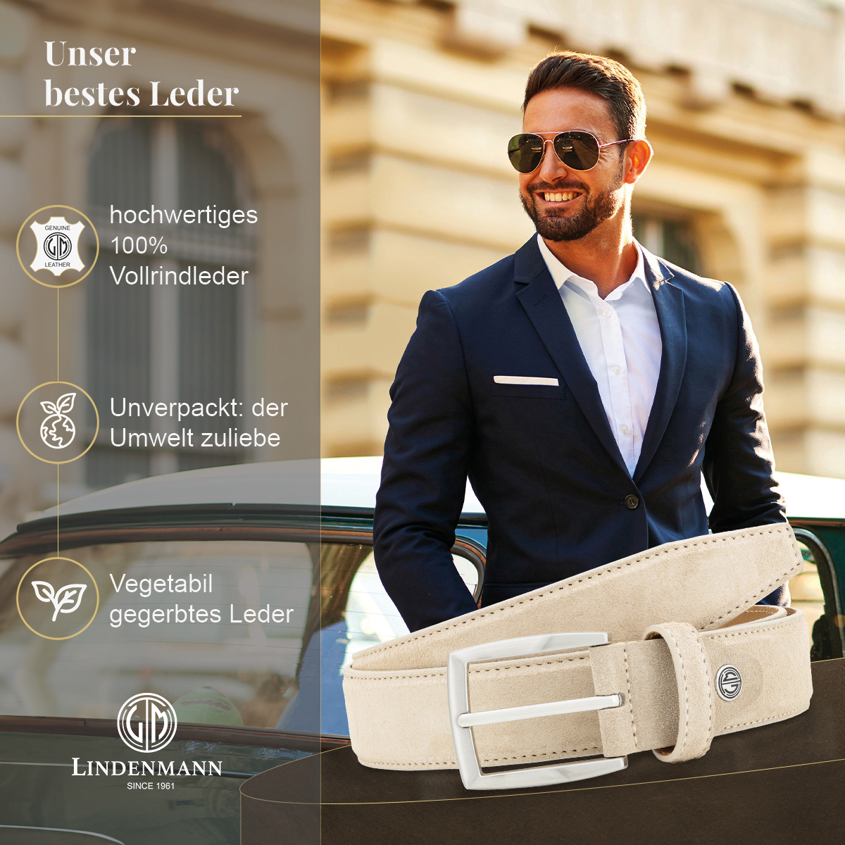 LINDENMANN Herrengürtel Veloursleder beige