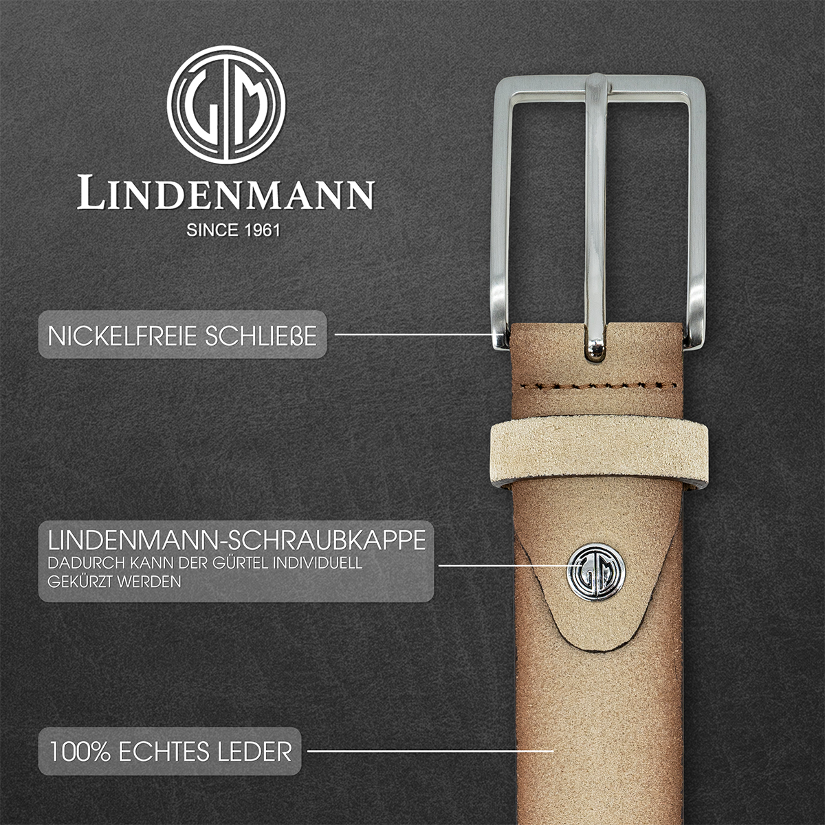 LINDENMANN Veloursleder Herrengürtel Sandbeige