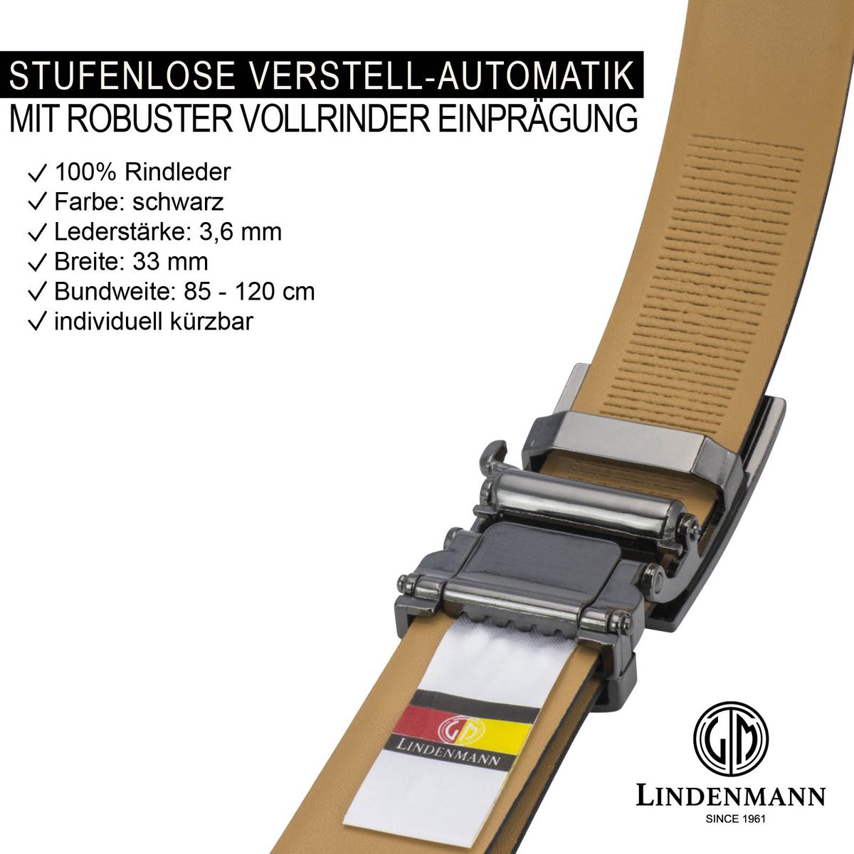 LINDENMANN Ledergürtel Herren, schwarz 33 mm Leder Automatikgürtel