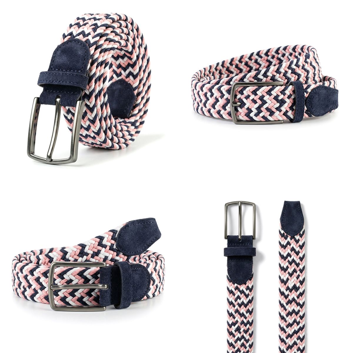 LINDENMANN Herren Flechtgürtel mit Enden aus 100% echtem Veloursleder lachs-marine-weiss