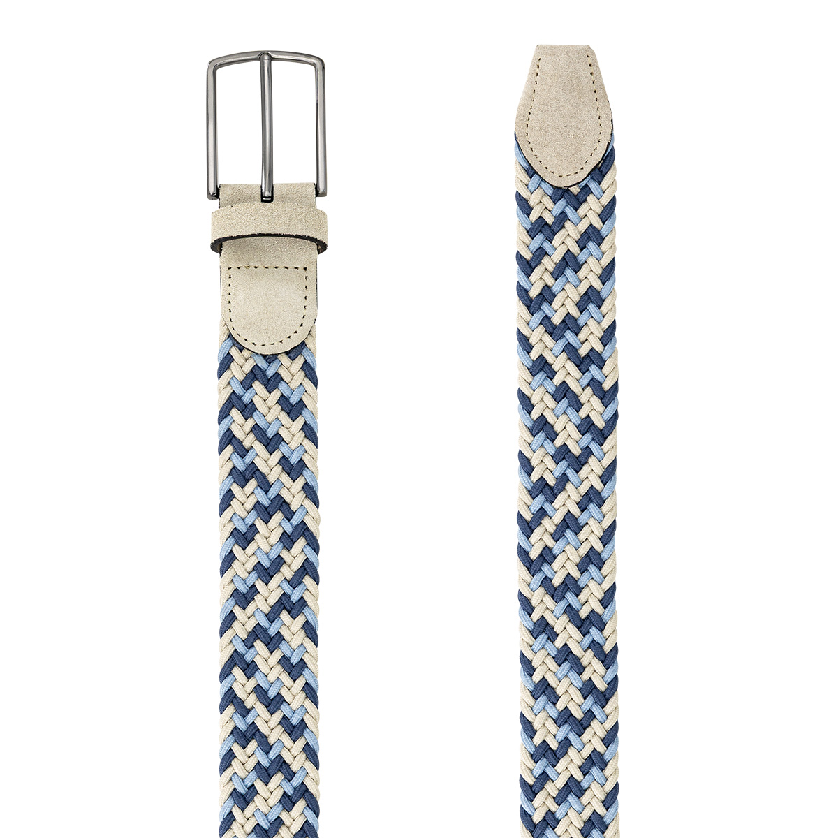 Gürtel, Leinen, Stoffgürtel, geflochten, Blau-Beige, LINDENMANN Herren Flechtgürtel mit Echtleder an den Enden mehrfarbig: jeansblau, marine, taupe