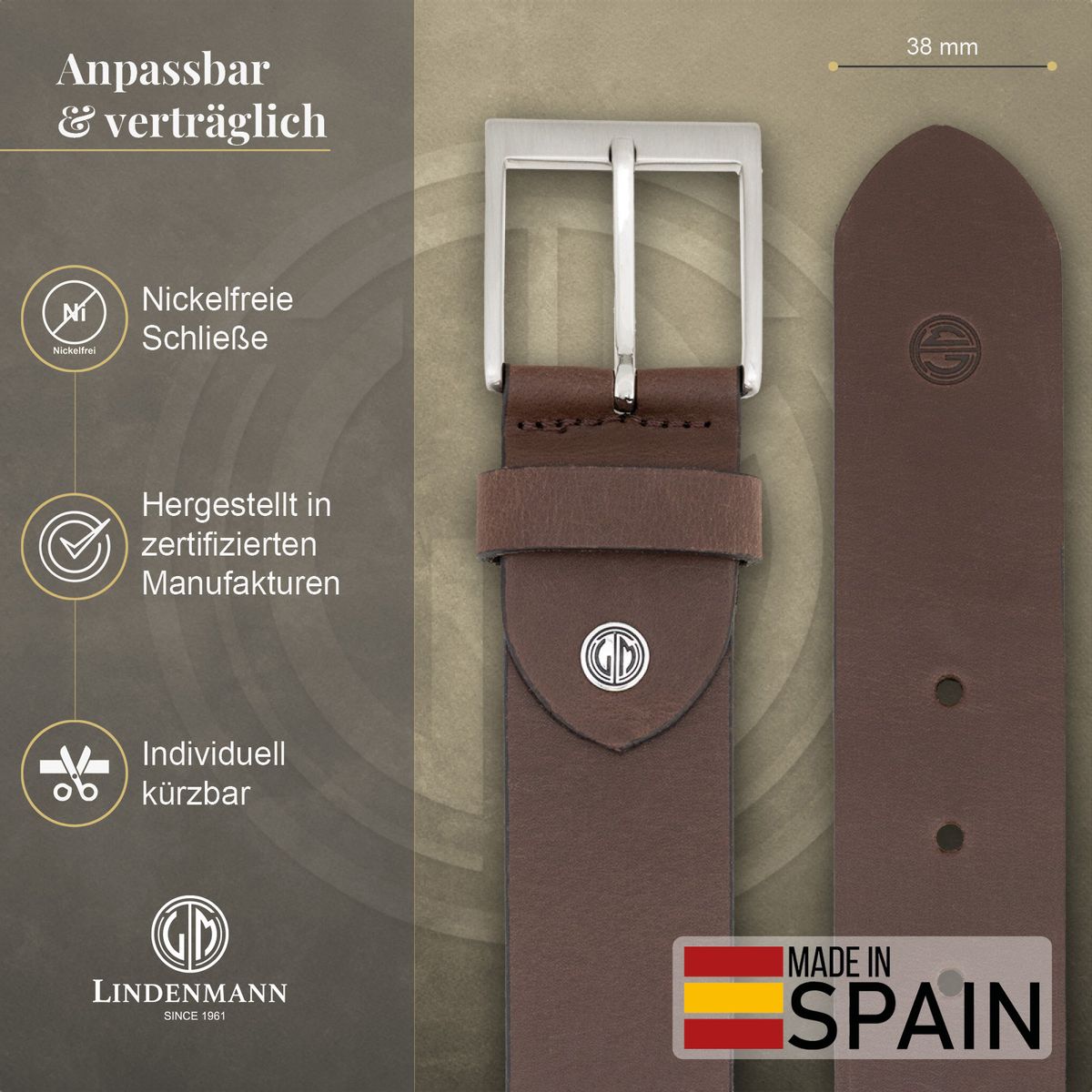 LINDENMANN Herren Jeansgürtel Echtleder dunkelbraun