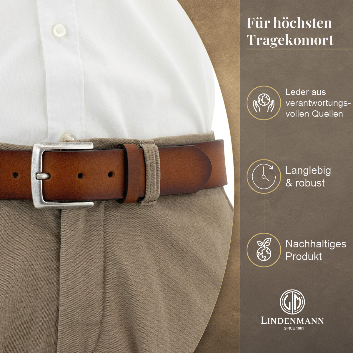 LINDENMANN Vollrindledergürtel Herren Cognac