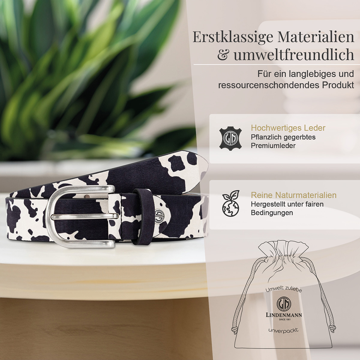 LINDENMANN Animal-Print Damengürtel aus 100% Echtleder schwarz-weiß
