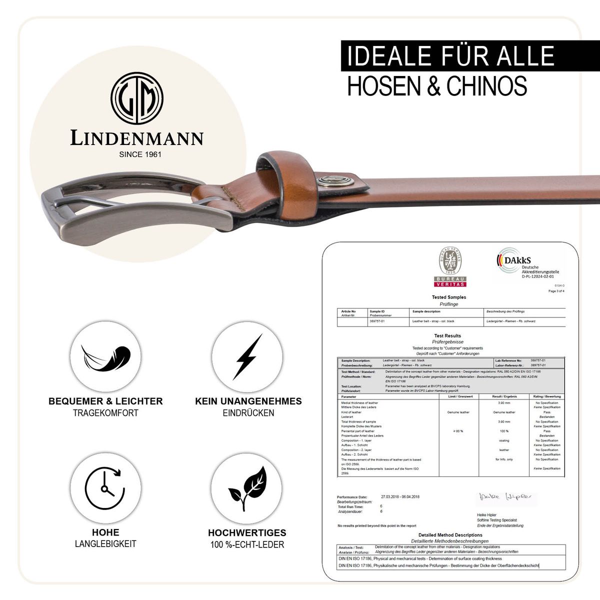 LINDENMANN Anzug-Ledergürtel Herren 35 mm XL Rindleder braun