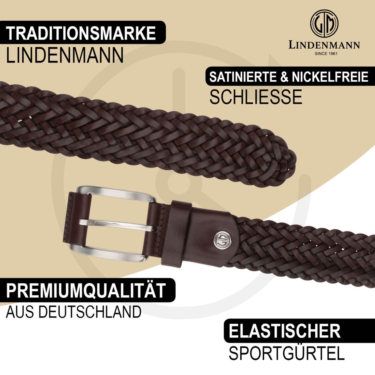 LINDENMANN Gürtel Herren geflochten 35 mm braun