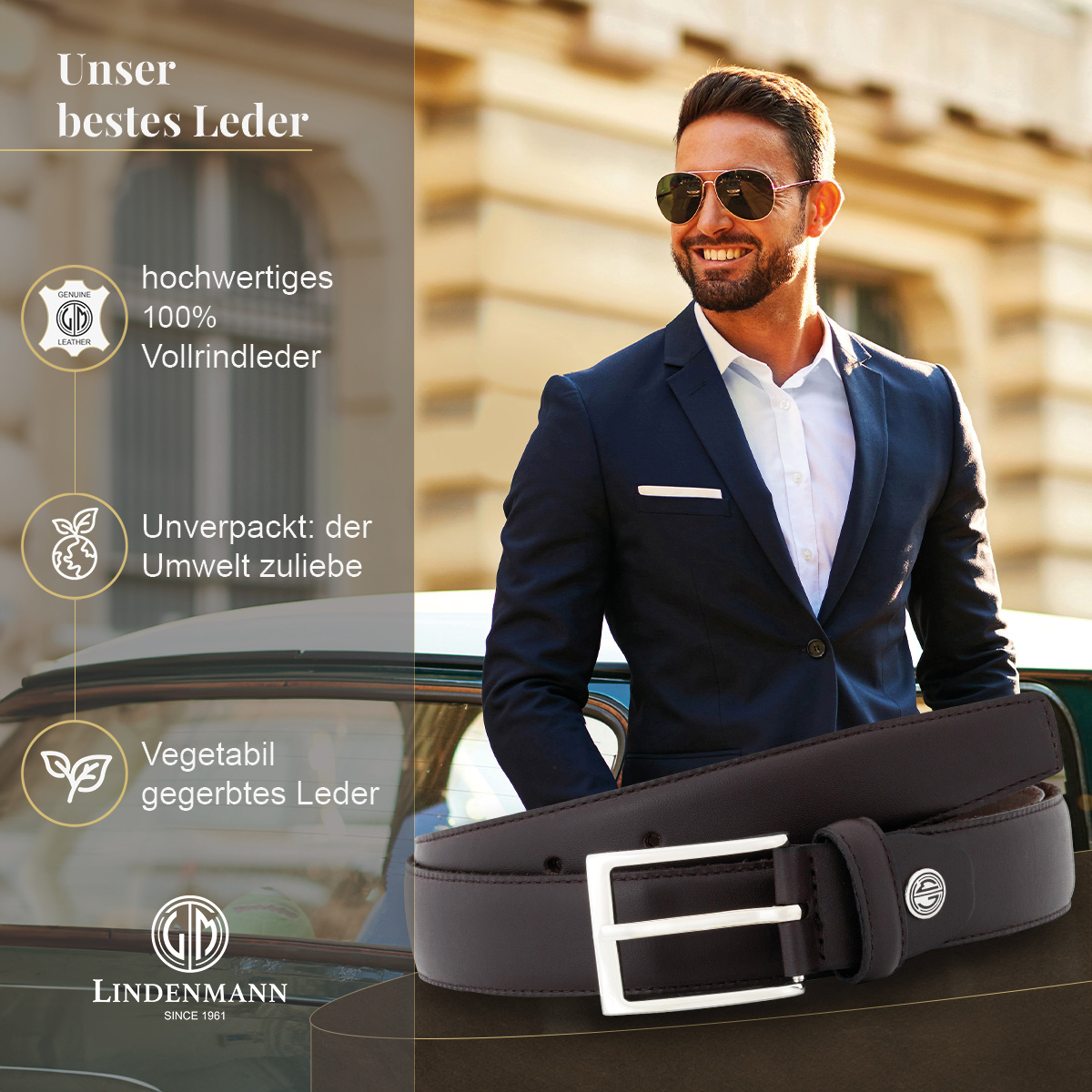 LINDENMANN Herrengürtel aus 100% Vollrindleder dunkelbraun