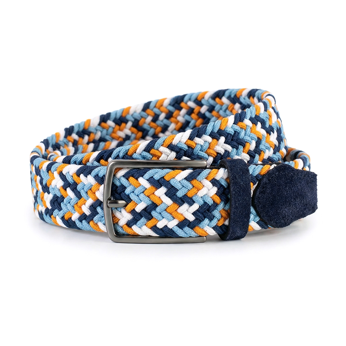 LINDENMANN Herren Flechtgürtell mit Echtlederenden mehrfarbig: marine, jeansblau, orange