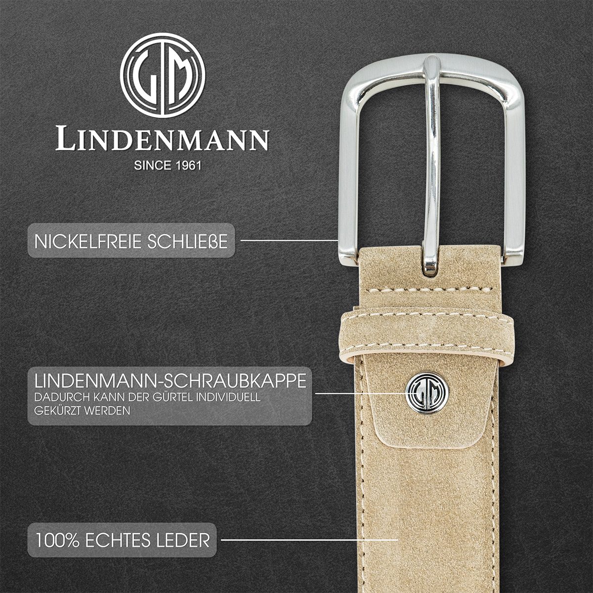 LINDENMANN Veloursleder Herrengürtel Creme-Beige