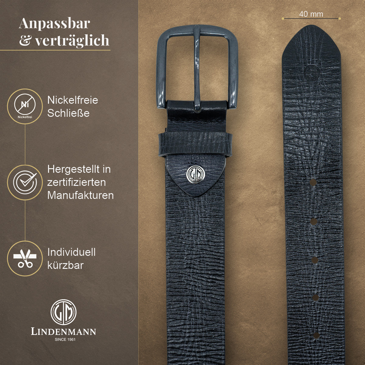 LINDENMANN Vollrindleder Herrengürtel Onyx