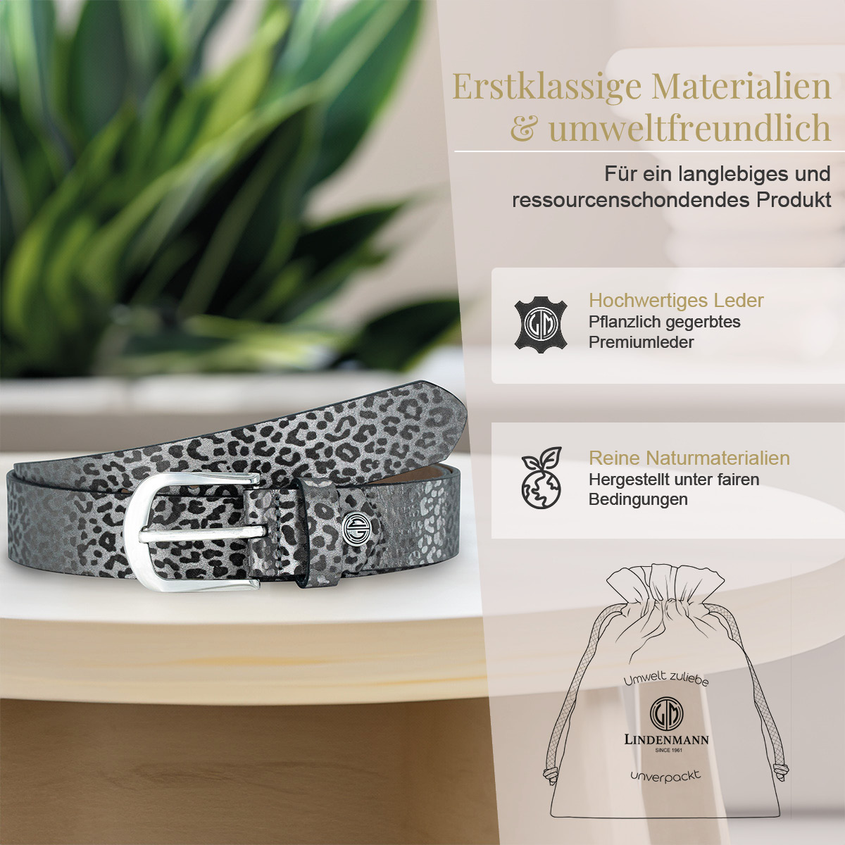 LINDENMANN Rindleder Damengürtel Grau mit Leopardmuster