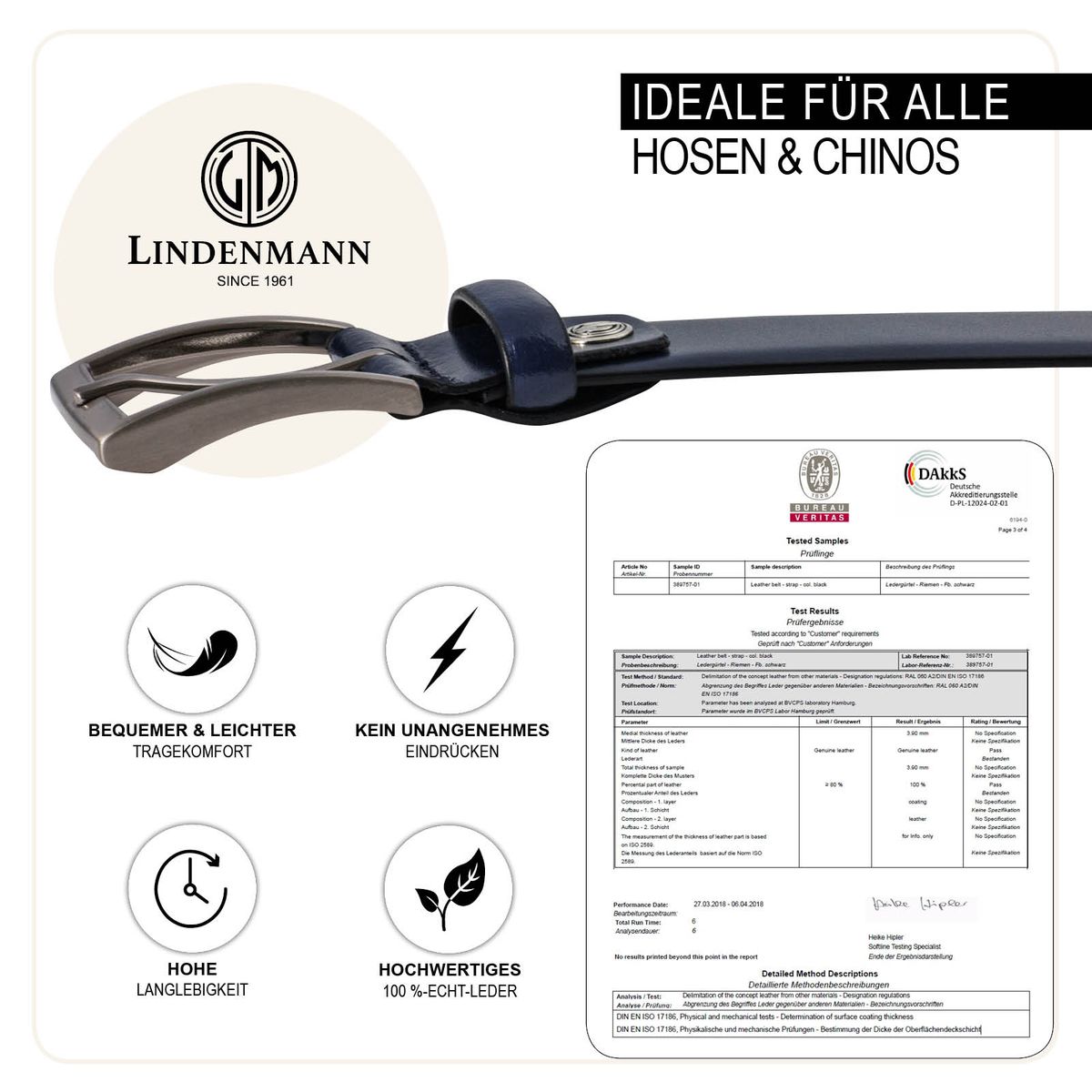 LINDENMANN Anzug-Ledergürtel Herren 35 mm XL Rindleder marine