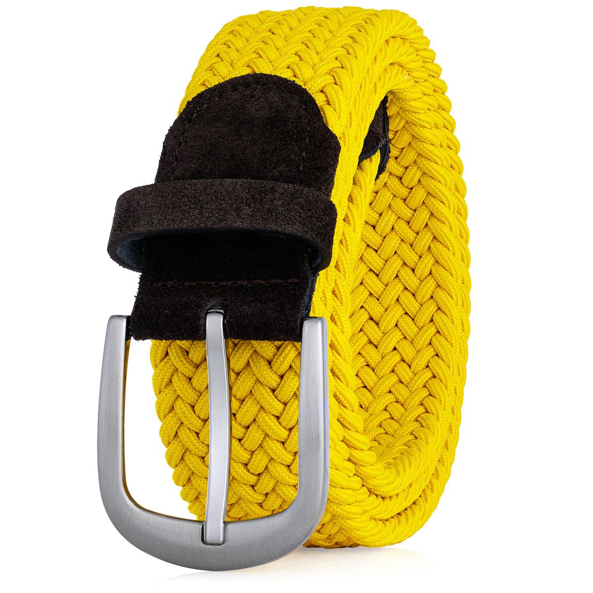 Gurtband, Gürtel, Gürtel aus Nylon, Gelb, Schnalle aus Metall, LINDENMANN Damen Flechtgürtel mit 100% echtem Rindleder an den Enden gelb