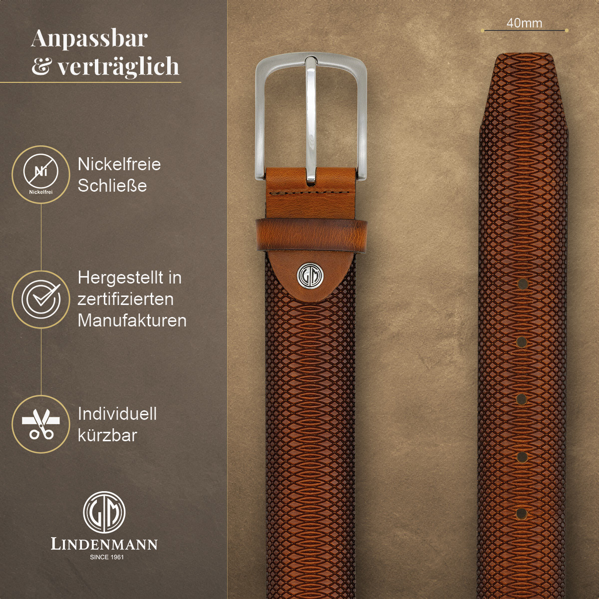 LINDENMANN Vollrindledergürtel Herren Cognac