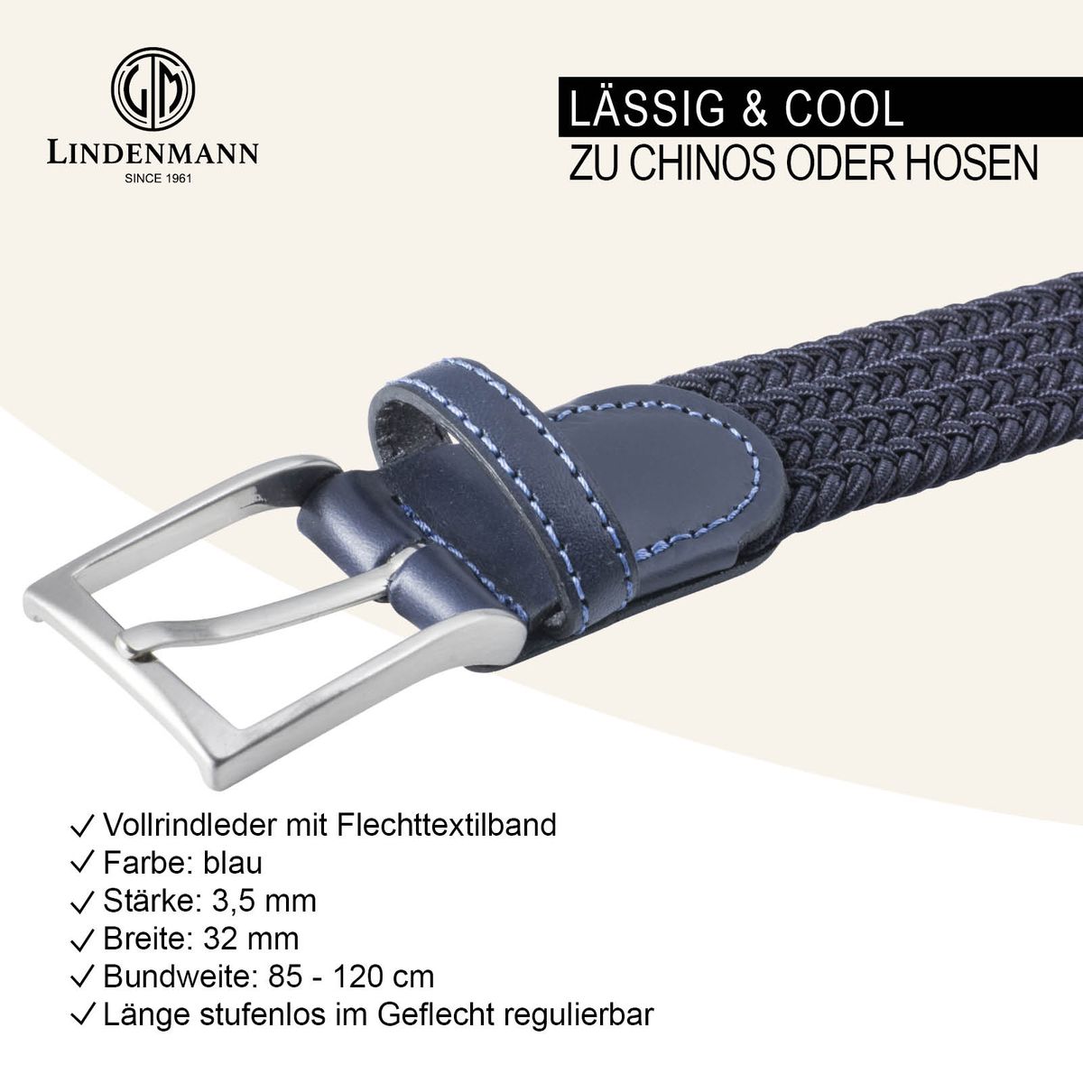 LINDENMANN Textil-Flechtgürtel Herren 35 mm schwarz blau