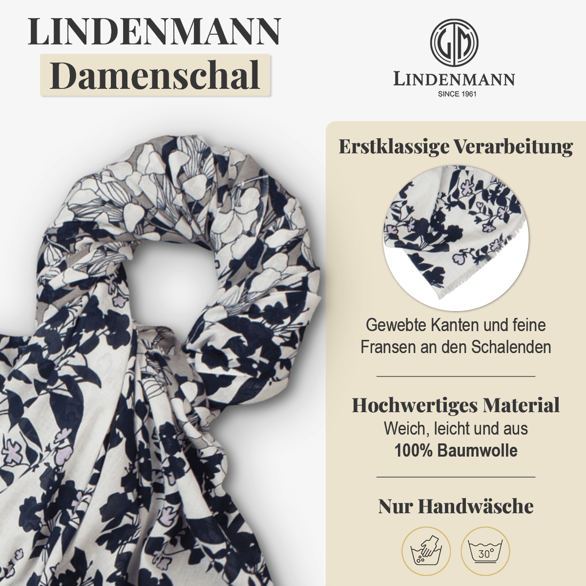 LINDENMANN Schal Damen weiss schwarz mit Blumenmuster