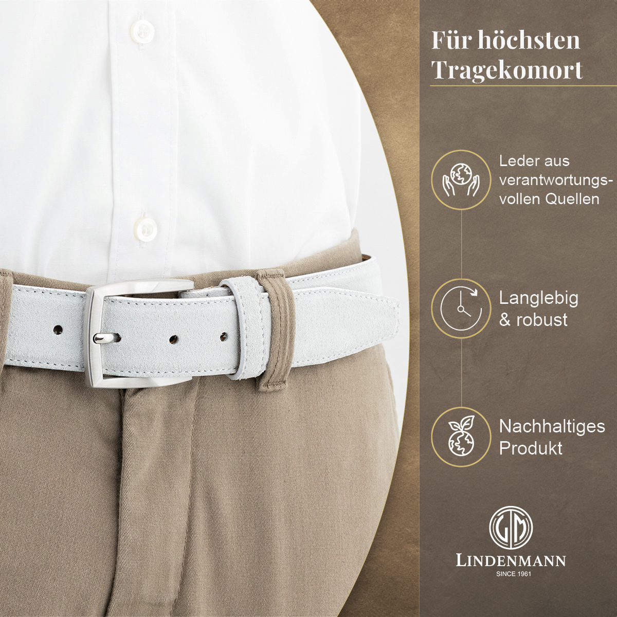 LINDENMANN Herrengürtel Veloursleder Elfenbein